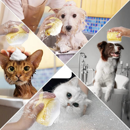 Pet Bath Soap Dispenser Massage Brush, Silicone Shampoo Dispensing Massager with Soft Bristles for Dogs and Cats, Pet Grooming Shower Massage Brush